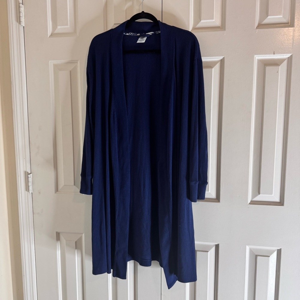 Land’s End Open Front Cardigan Size Large Navy Blue Waffle Knit